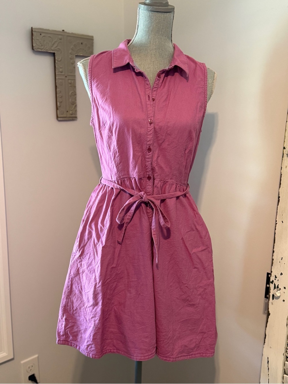 LEVIS Sleeveless Denim Button Up Tie Waist Bohemian casual Mini Dress dopamine